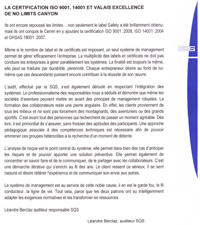 ISO 9001 / ISO 14001 / ISO 45001 - Certifié Valais Excellence - Guide de montagne - No Limits Canyon
